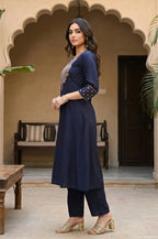 W for Woman Navy Blue Embroidered Straight Kurta | Grocsy