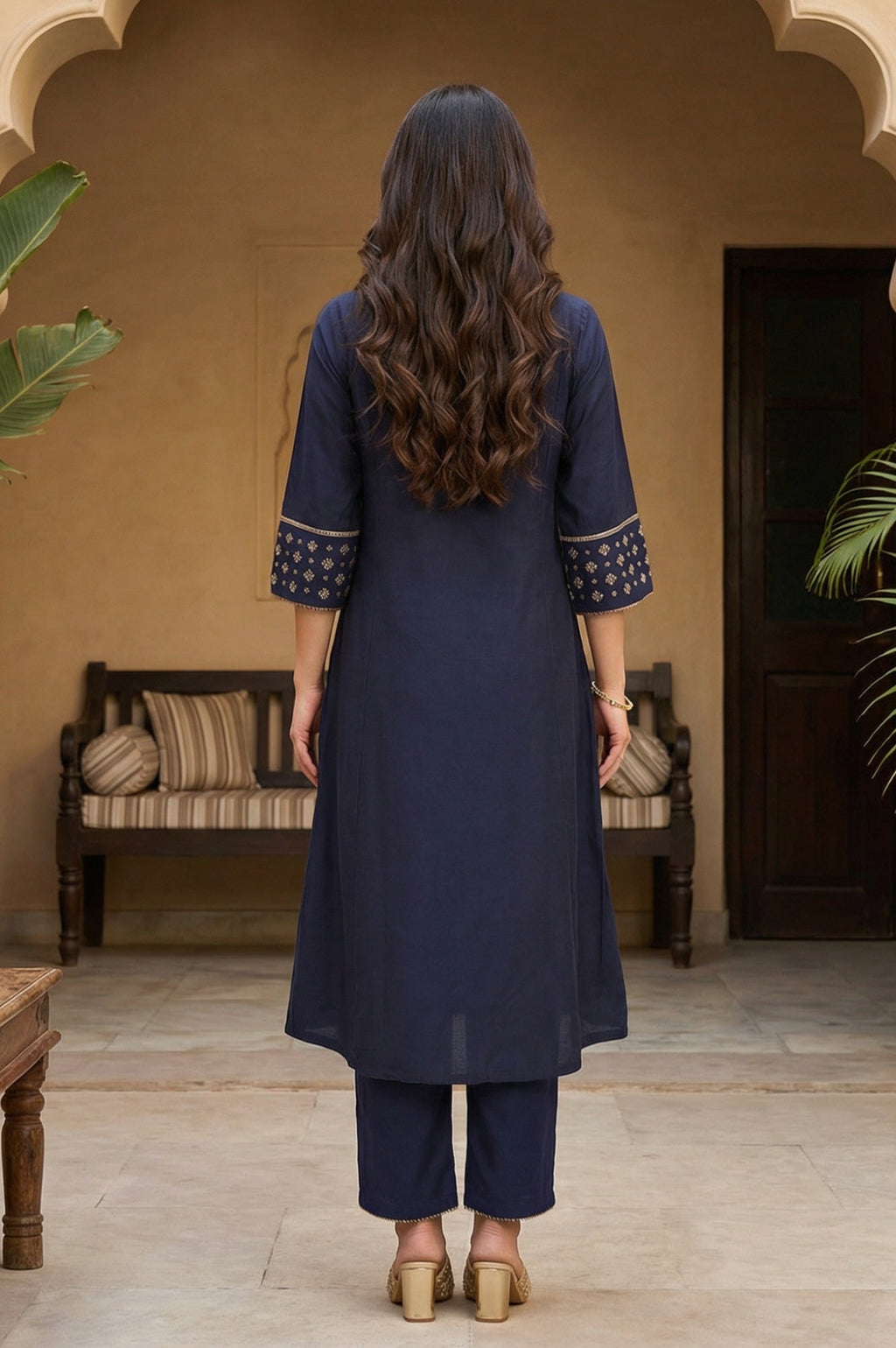 W for Woman Navy Blue Embroidered Straight Kurta | Grocsy