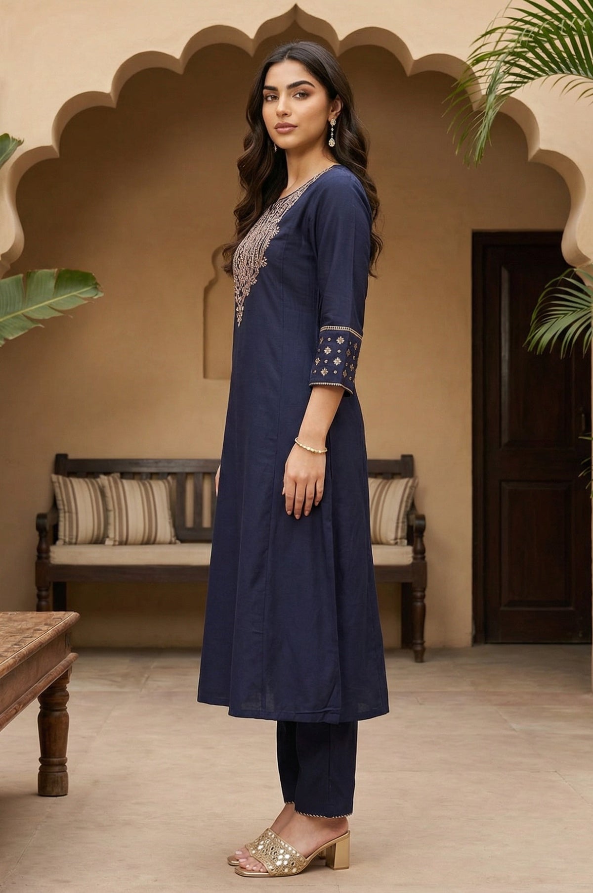 W for Woman Navy Blue Embroidered Straight Kurta | Grocsy