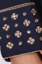W for Woman Navy Blue Embroidered Straight Kurta | Grocsy