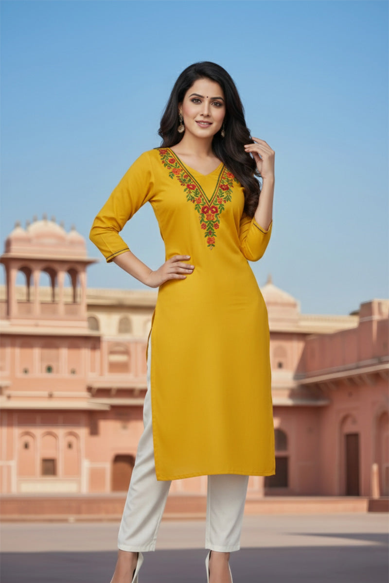 SRS Fashion Yellow Embroidered Rayon Straight Kurta Set | Grocsy
