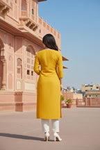 SRS Fashion Yellow Embroidered Rayon Straight Kurta Set | Grocsy