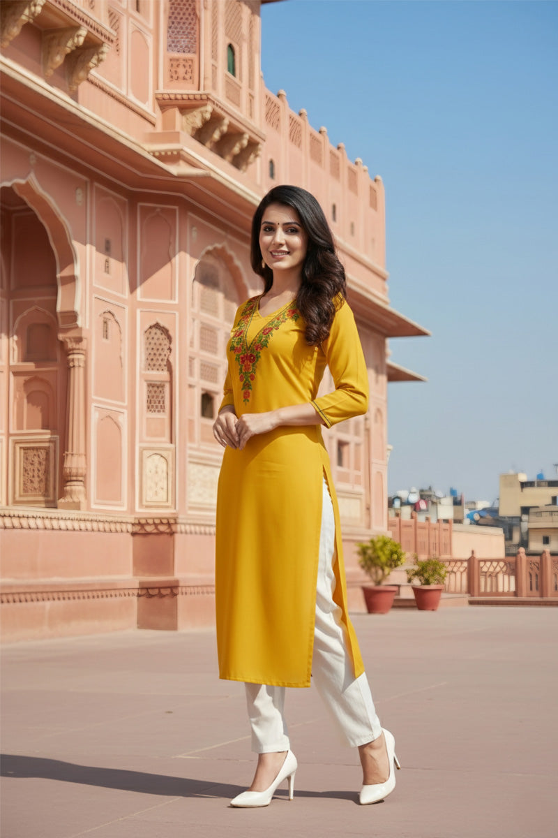 SRS Fashion Yellow Embroidered Rayon Straight Kurta Set | Grocsy