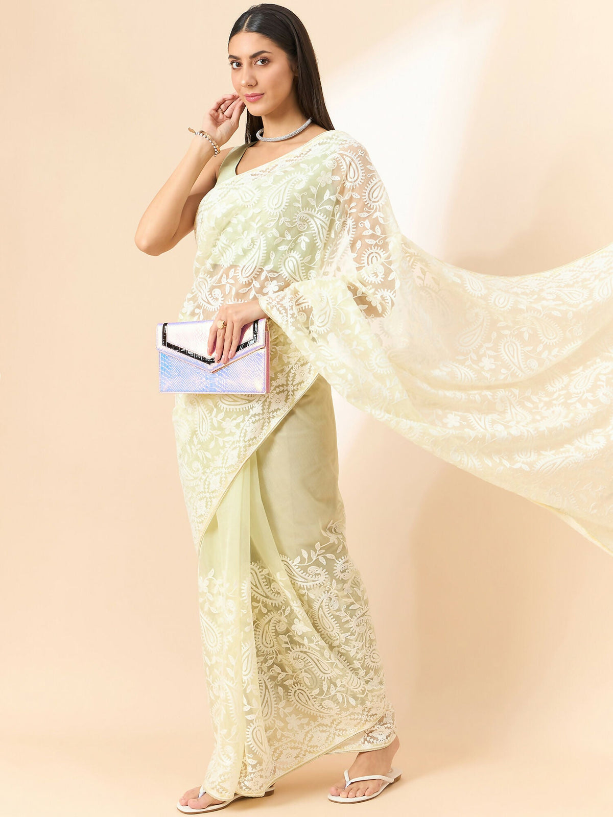 Yellow Organza Paisely Embroidered Saree with Unstitched Blouse Piece - Roozal | Grocsy