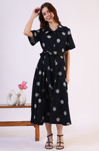 W for Woman Black Printed Flared Cotton Blend Dress | Grocsy