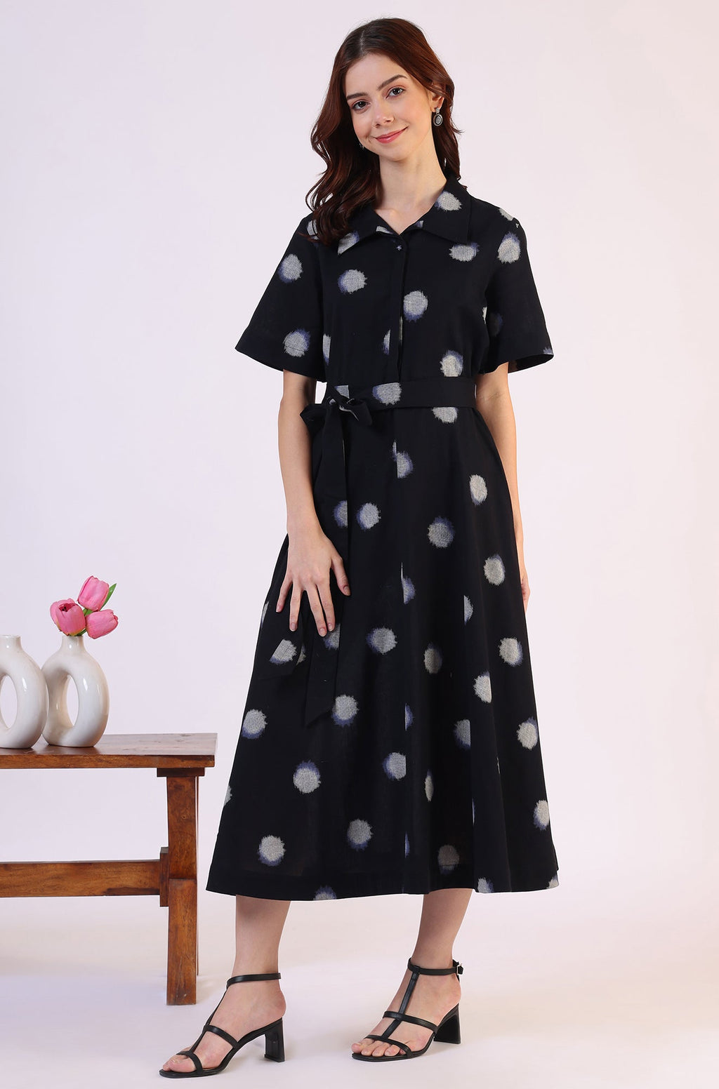 W for Woman Black Printed Flared Cotton Blend Dress | Grocsy