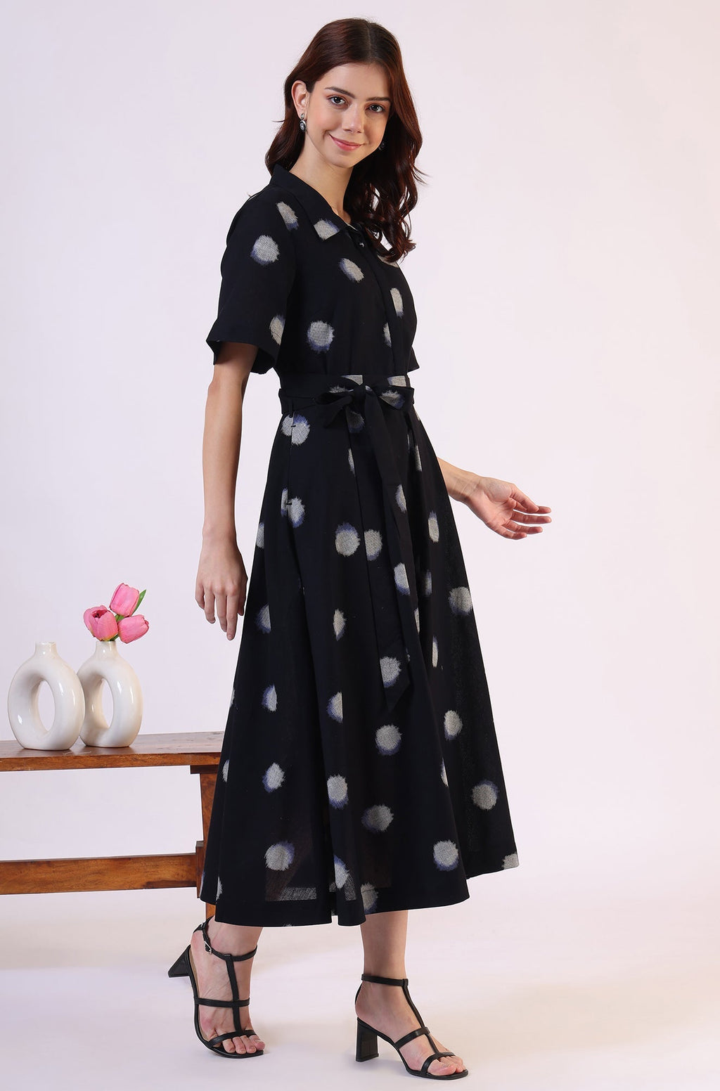W for Woman Black Printed Flared Cotton Blend Dress | Grocsy