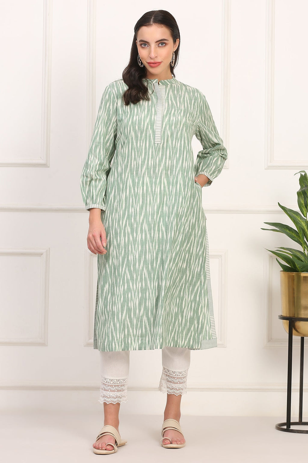 W for Woman New Sage Green Ikat Printed A-Line Pure Cotton Kurta | Grocsy