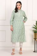 W for Woman New Sage Green Ikat Printed A-Line Pure Cotton Kurta | Grocsy