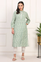 W for Woman New Sage Green Ikat Printed A-Line Pure Cotton Kurta | Grocsy