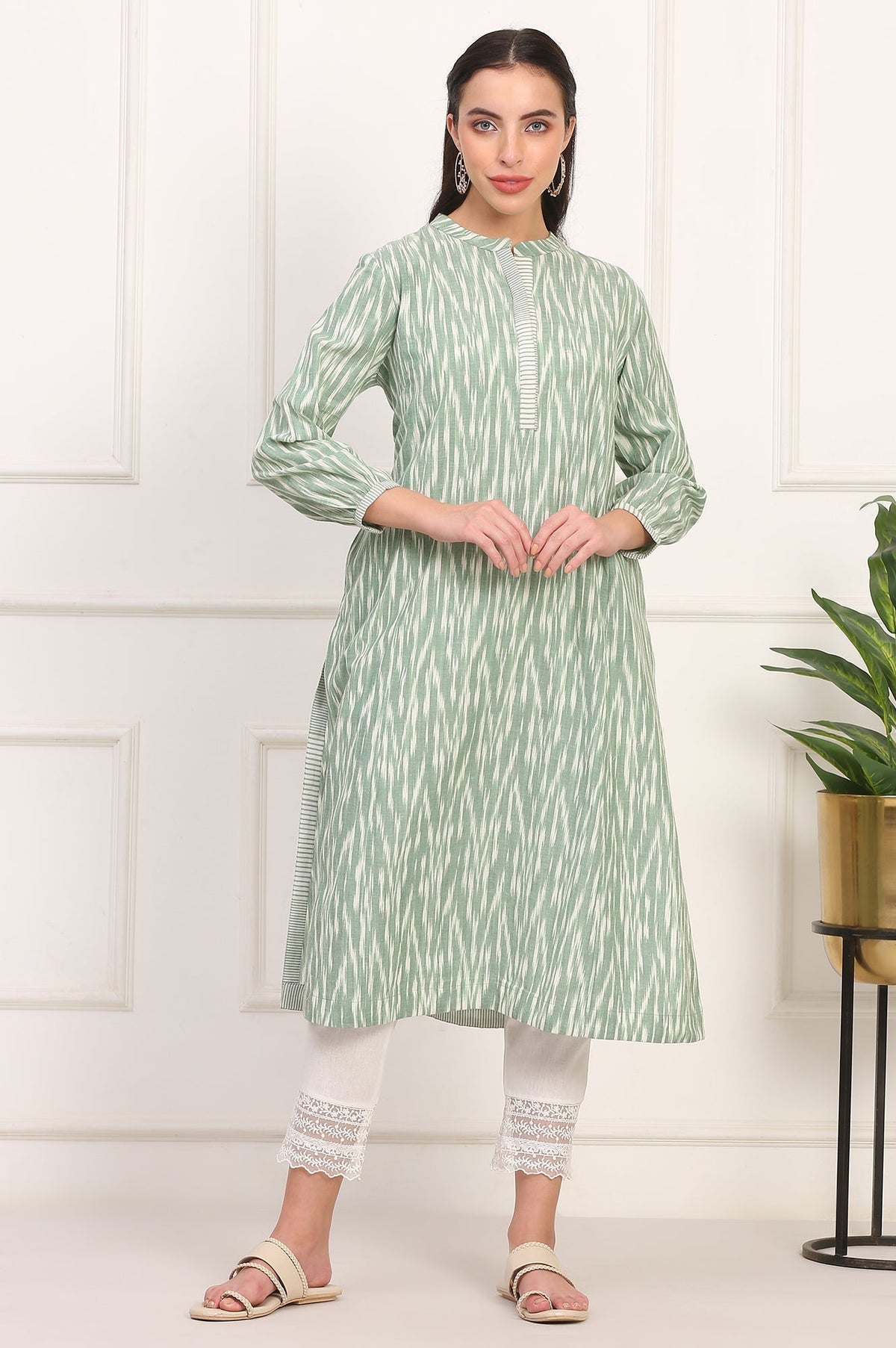 W for Woman New Sage Green Ikat Printed A-Line Pure Cotton Kurta | Grocsy