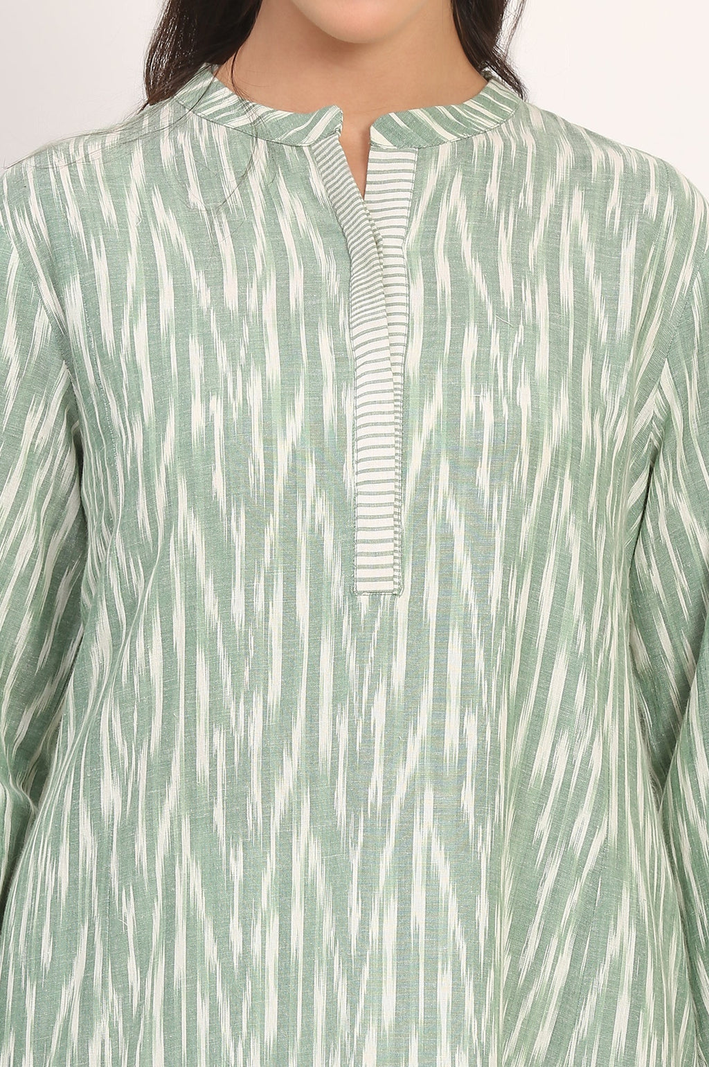 W for Woman New Sage Green Ikat Printed A-Line Pure Cotton Kurta | Grocsy