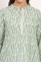 W for Woman New Sage Green Ikat Printed A-Line Pure Cotton Kurta | Grocsy