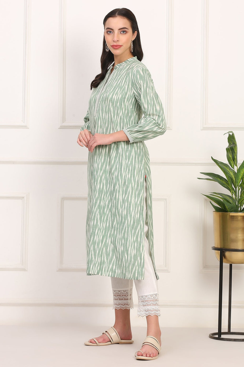 W for Woman New Sage Green Ikat Printed A-Line Pure Cotton Kurta | Grocsy