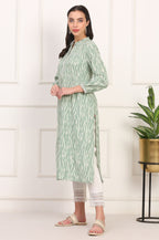 W for Woman New Sage Green Ikat Printed A-Line Pure Cotton Kurta | Grocsy