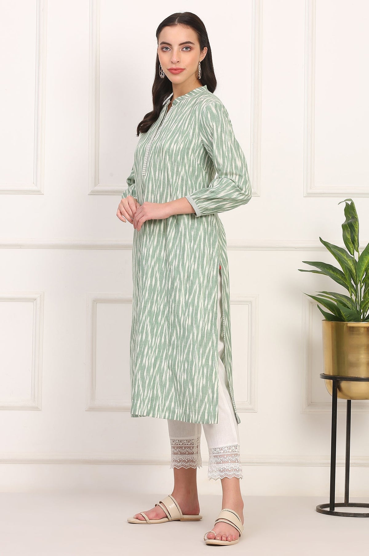 W for Woman New Sage Green Ikat Printed A-Line Pure Cotton Kurta | Grocsy