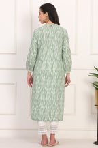 W for Woman New Sage Green Ikat Printed A-Line Pure Cotton Kurta | Grocsy