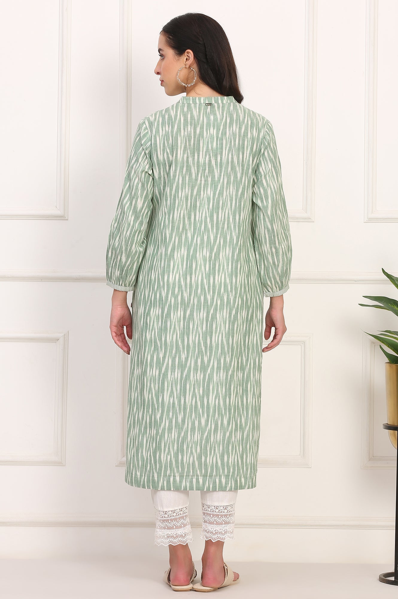 W for Woman New Sage Green Ikat Printed A-Line Pure Cotton Kurta | Grocsy