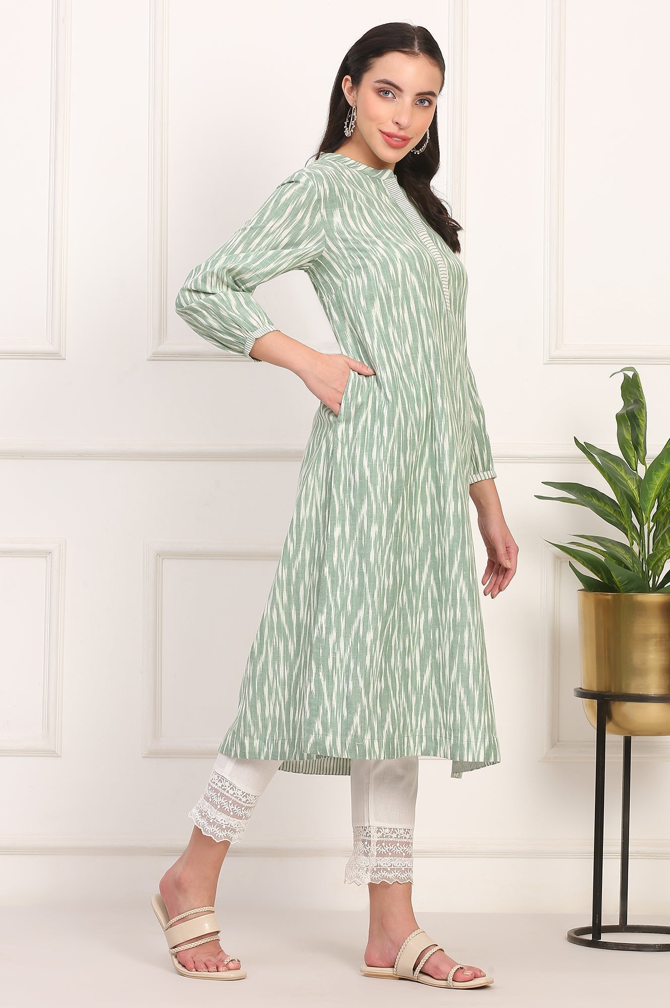W for Woman New Sage Green Ikat Printed A-Line Pure Cotton Kurta | Grocsy