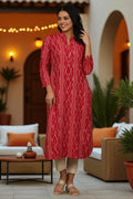 W for Woman Red Ikat Yarn Dyed Pure Cotton Shirt Collar Kurta | Grocsy