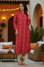 W for Woman Red Ikat Yarn Dyed Pure Cotton Shirt Collar Kurta | Grocsy