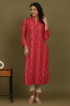 W for Woman Red Ikat Yarn Dyed Pure Cotton Shirt Collar Kurta | Grocsy