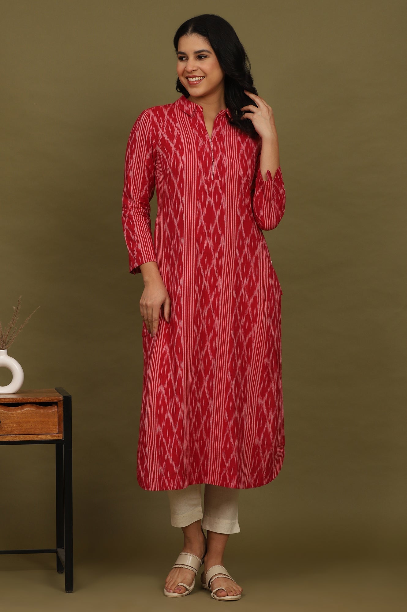 W for Woman Red Ikat Yarn Dyed Pure Cotton Shirt Collar Kurta | Grocsy