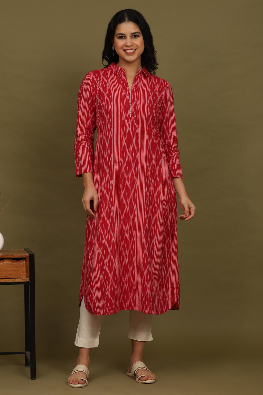 W for Woman Red Ikat Yarn Dyed Pure Cotton Shirt Collar Kurta | Grocsy