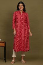 W for Woman Red Ikat Yarn Dyed Pure Cotton Shirt Collar Kurta | Grocsy