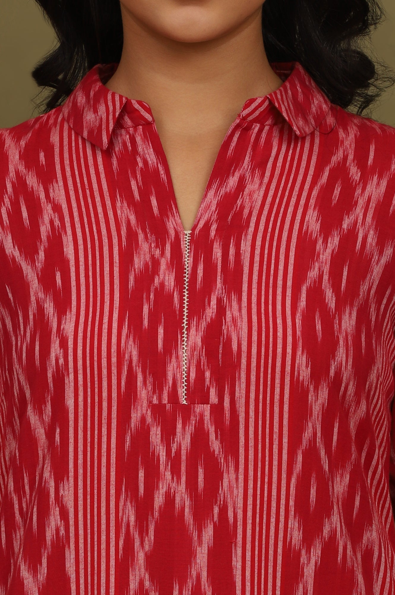 W for Woman Red Ikat Yarn Dyed Pure Cotton Shirt Collar Kurta | Grocsy
