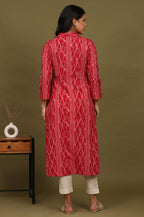 W for Woman Red Ikat Yarn Dyed Pure Cotton Shirt Collar Kurta | Grocsy