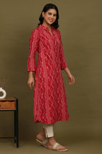 W for Woman Red Ikat Yarn Dyed Pure Cotton Shirt Collar Kurta | Grocsy