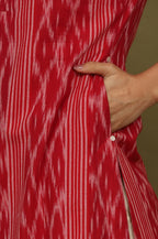 W for Woman Red Ikat Yarn Dyed Pure Cotton Shirt Collar Kurta | Grocsy