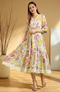 W for Woman White Floral Printed Tiered Chiffon Dress with Lace Detail | Grocsy