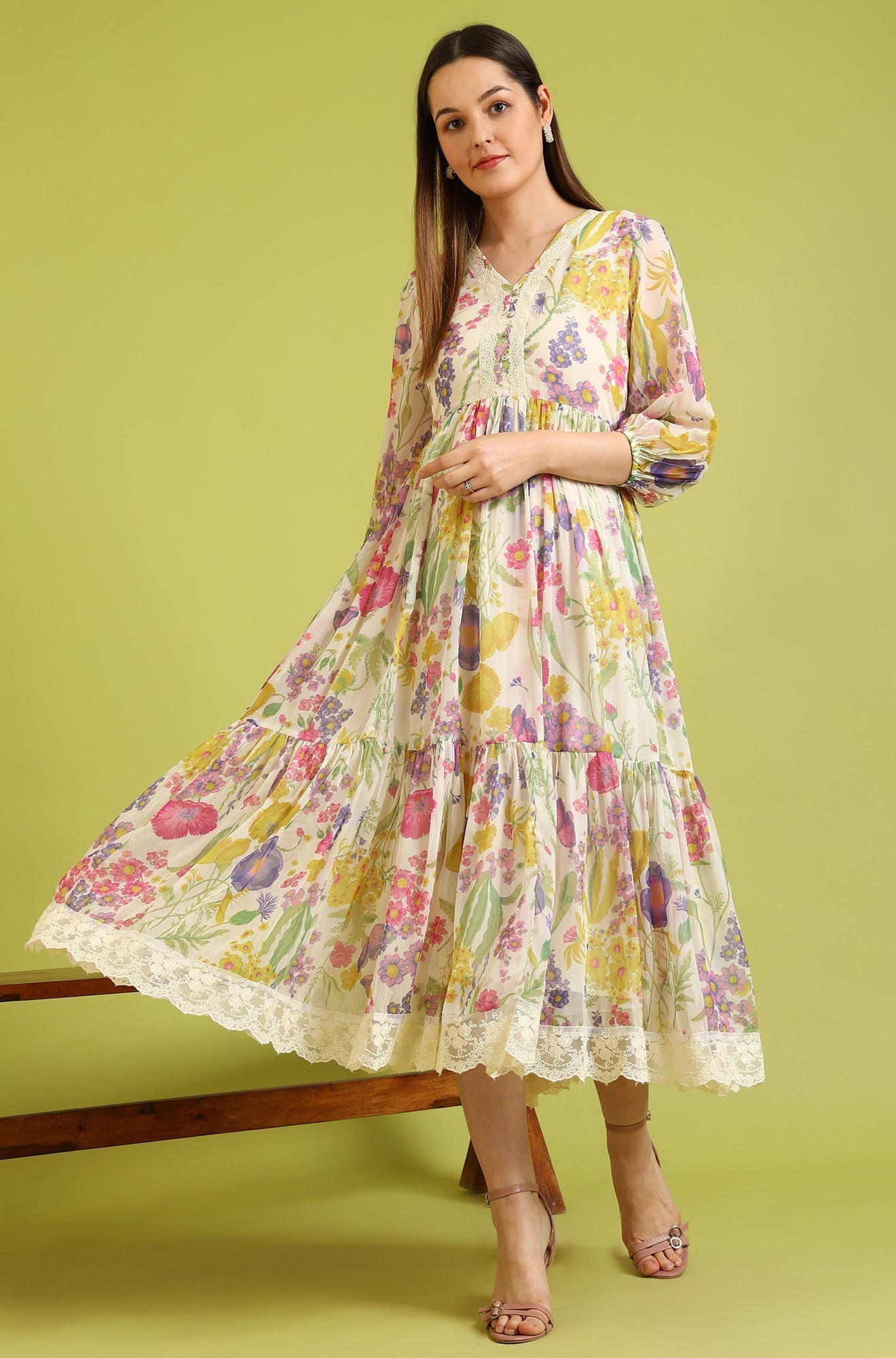 W for Woman White Floral Printed Tiered Chiffon Dress with Lace Detail | Grocsy