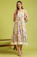 W for Woman White Floral Printed Tiered Chiffon Dress with Lace Detail | Grocsy
