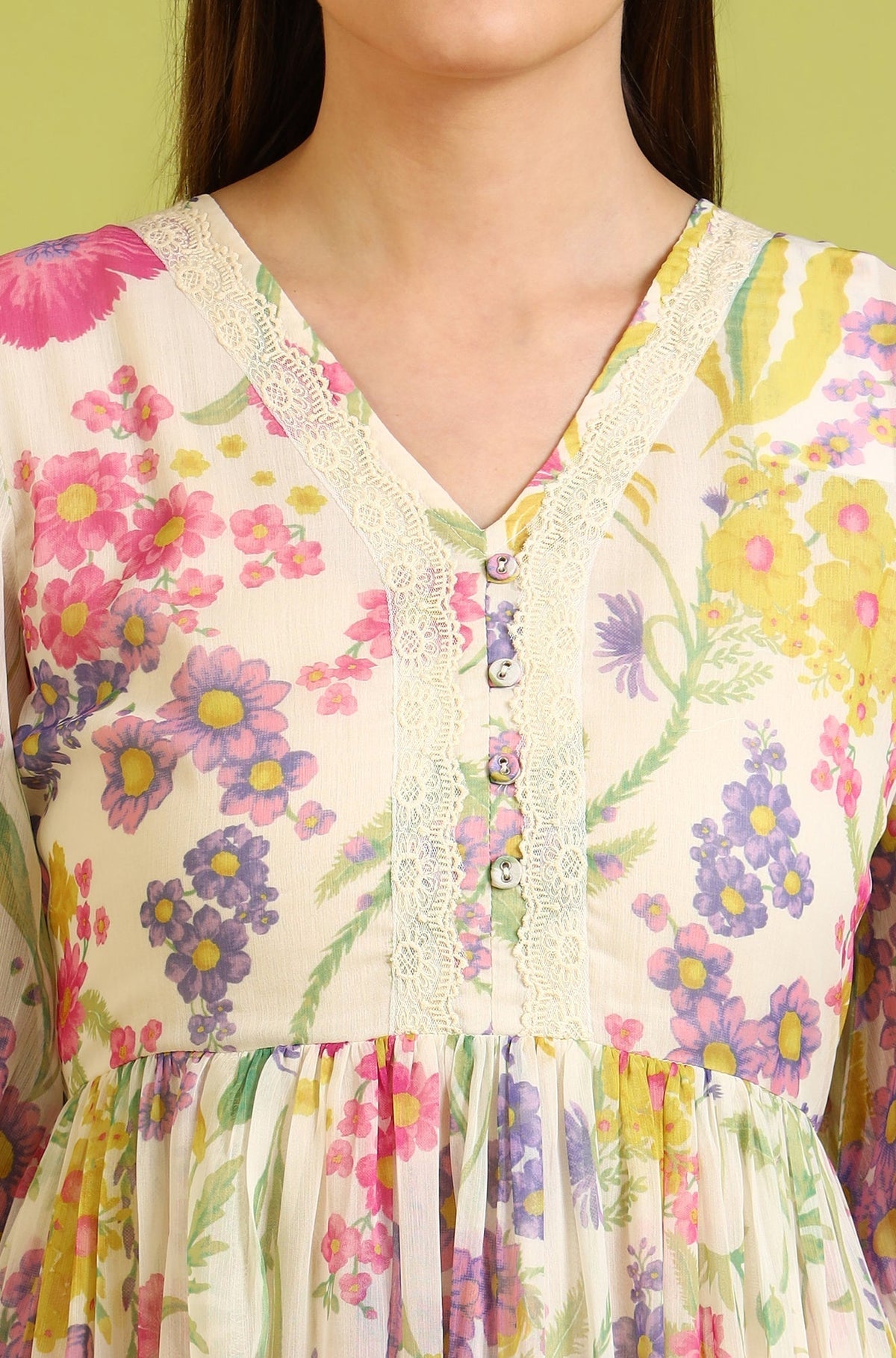 W for Woman White Floral Printed Tiered Chiffon Dress with Lace Detail | Grocsy