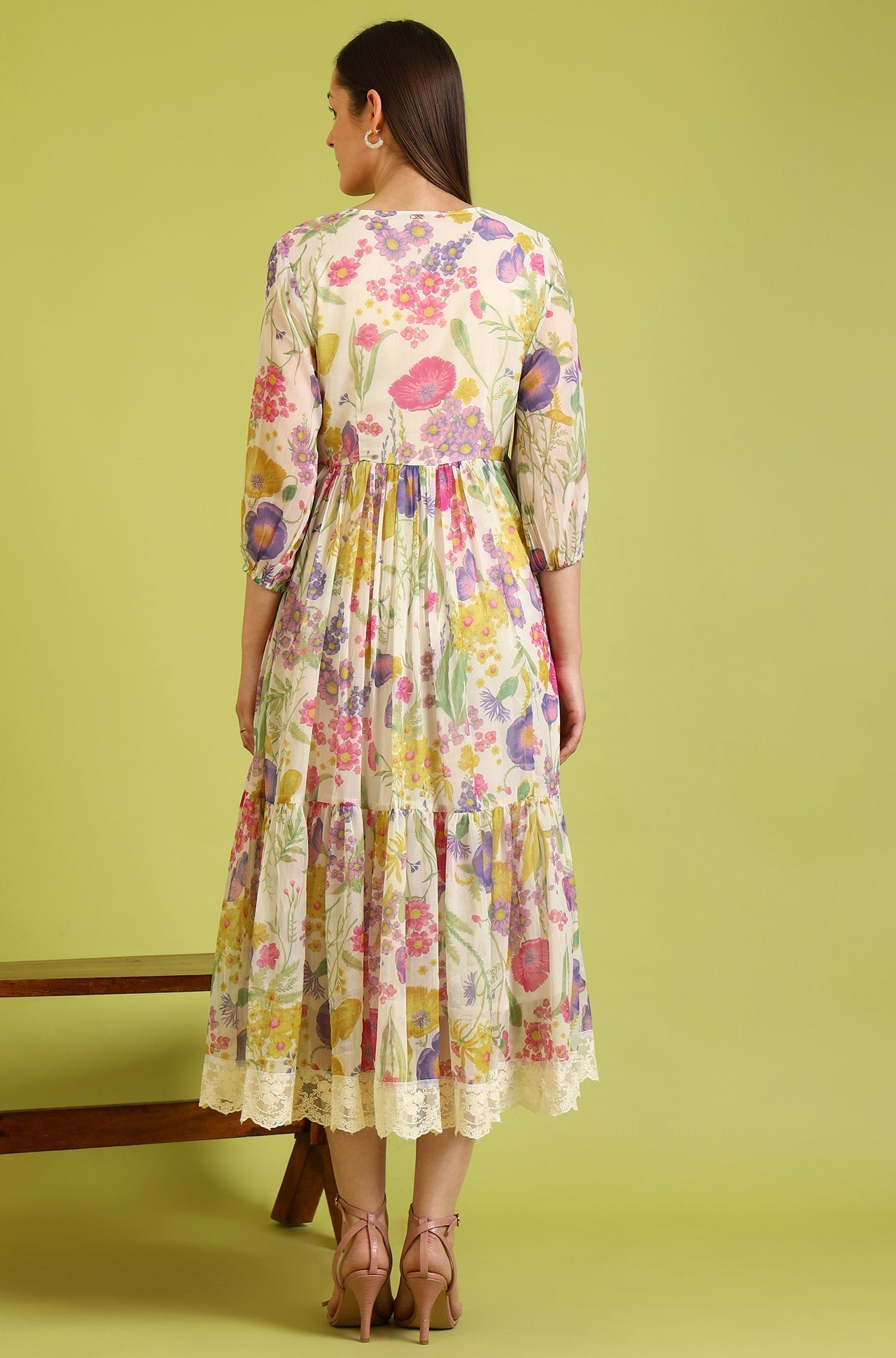 W for Woman White Floral Printed Tiered Chiffon Dress with Lace Detail | Grocsy