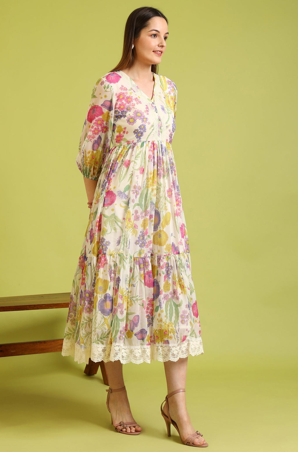 W for Woman White Floral Printed Tiered Chiffon Dress with Lace Detail | Grocsy