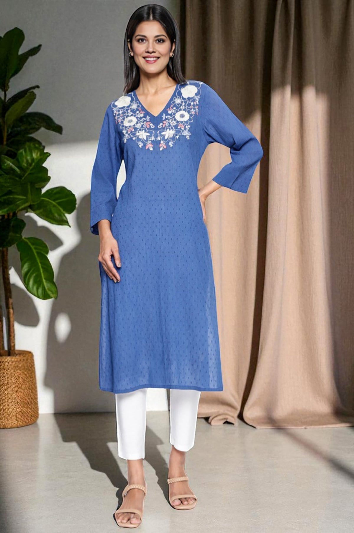 W for Woman Cobalt Blue Solid Printed Pure Cotton Straight Kurta | Grocsy