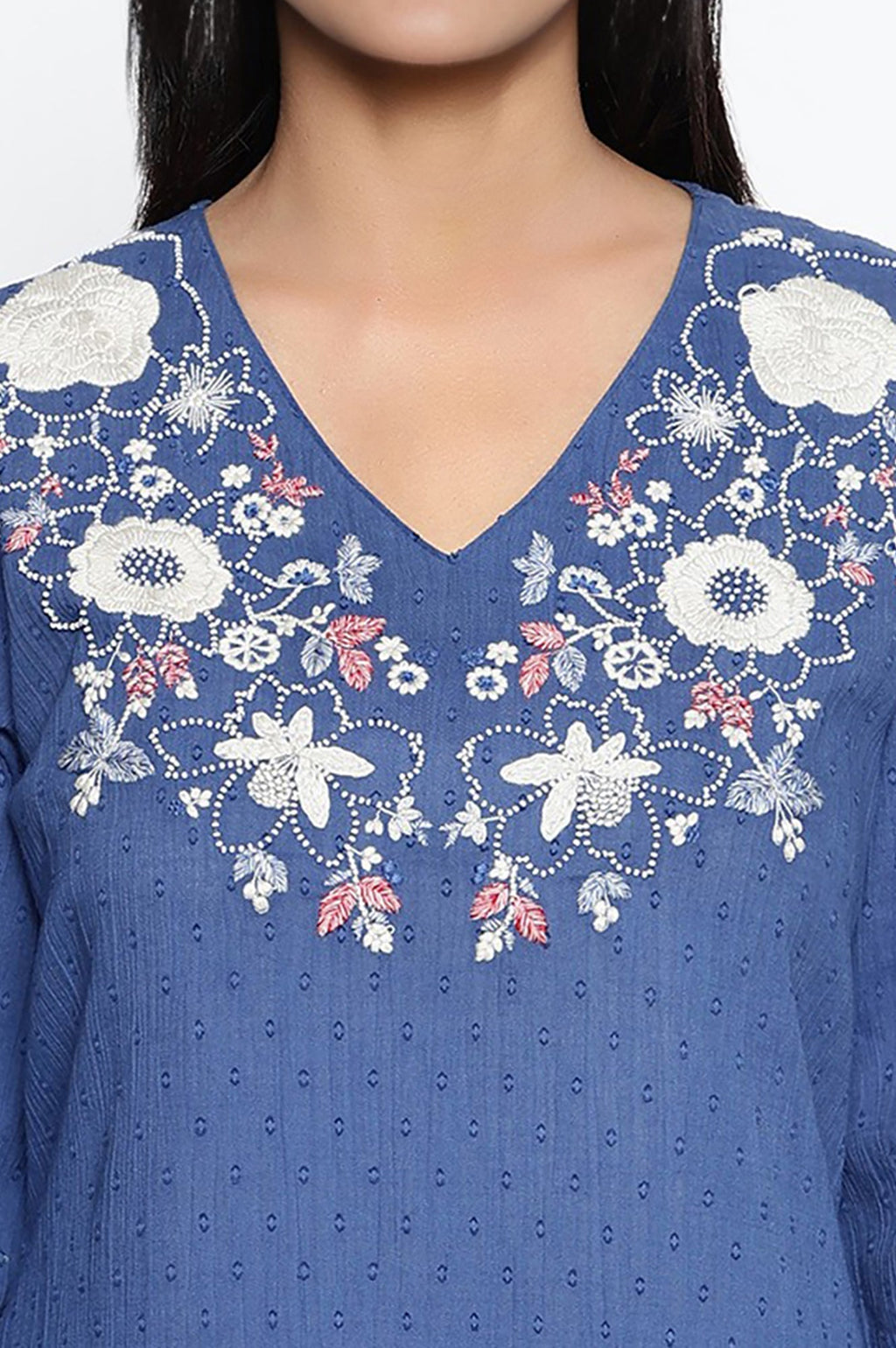 W for Woman Cobalt Blue Solid Printed Pure Cotton Straight Kurta | Grocsy
