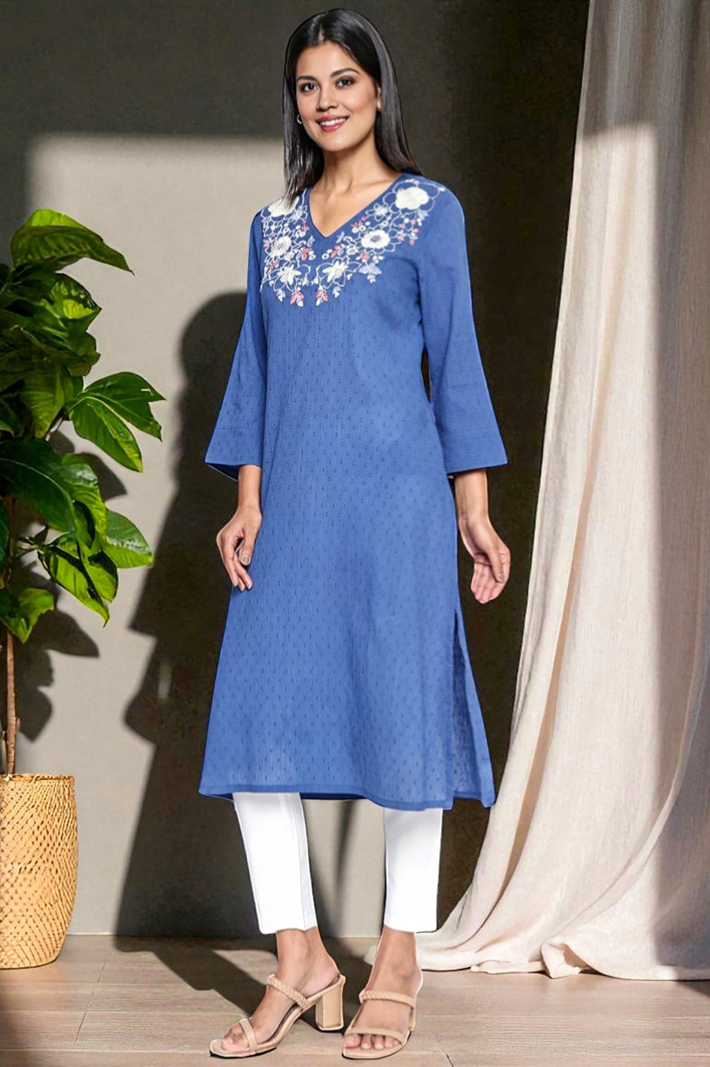W for Woman Cobalt Blue Solid Printed Pure Cotton Straight Kurta | Grocsy