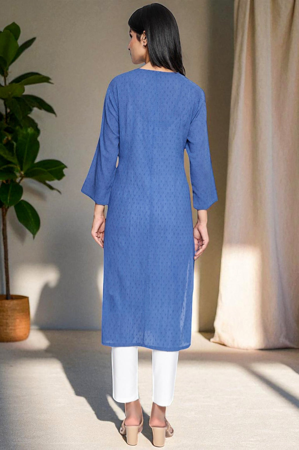 W for Woman Cobalt Blue Solid Printed Pure Cotton Straight Kurta | Grocsy