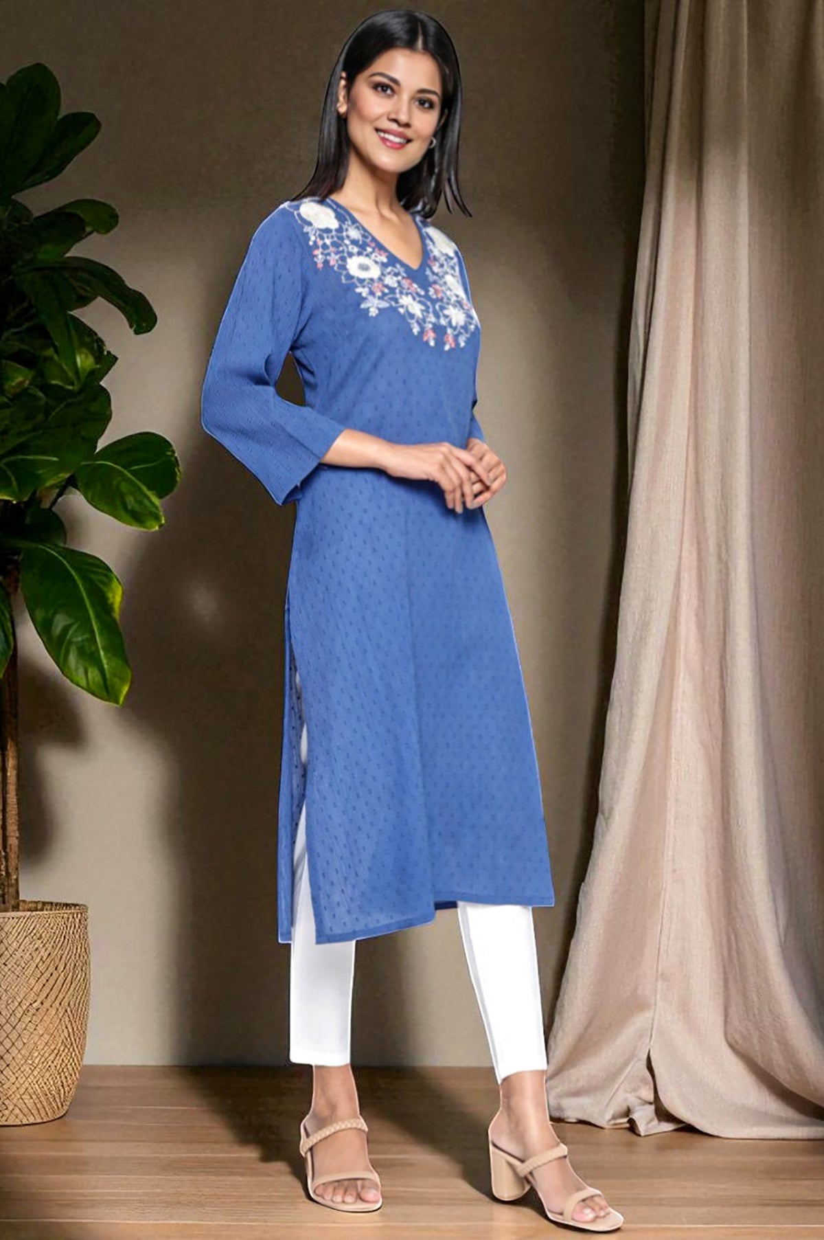 W for Woman Cobalt Blue Solid Printed Pure Cotton Straight Kurta | Grocsy