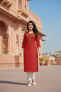 SRS Fashion Red Embroidered Rayon Straight Kurta Set | Grocsy