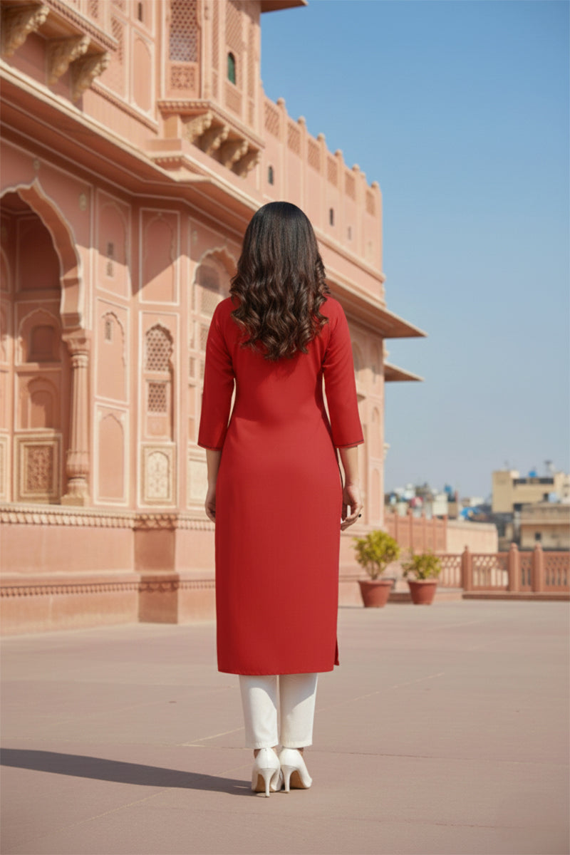 SRS Fashion Red Embroidered Rayon Straight Kurta Set | Grocsy