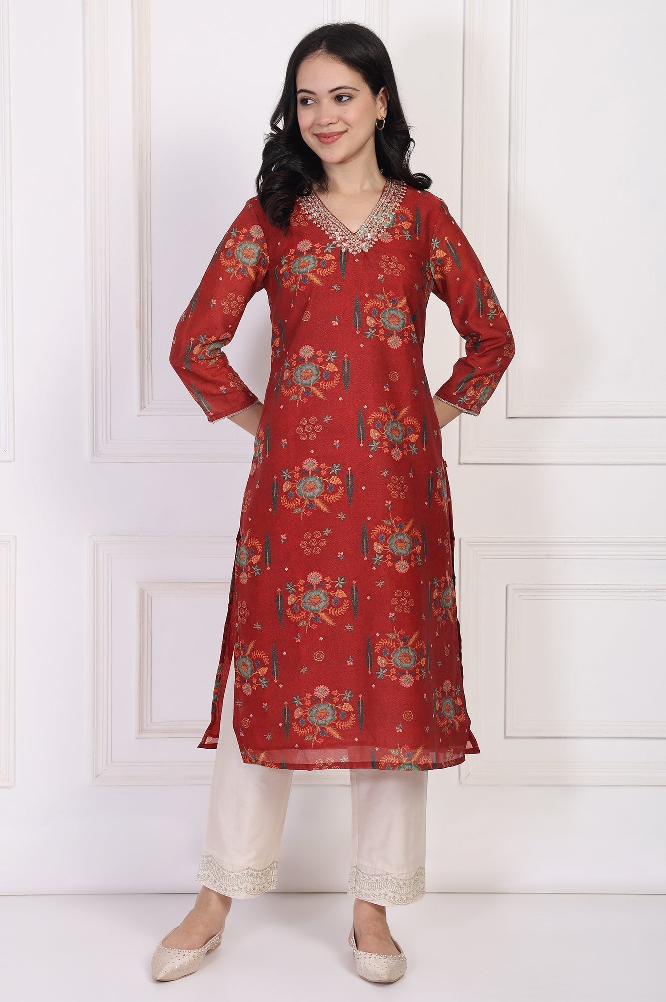 W for Woman Red Floral Printed Sequined Straight Kurta | Grocsy