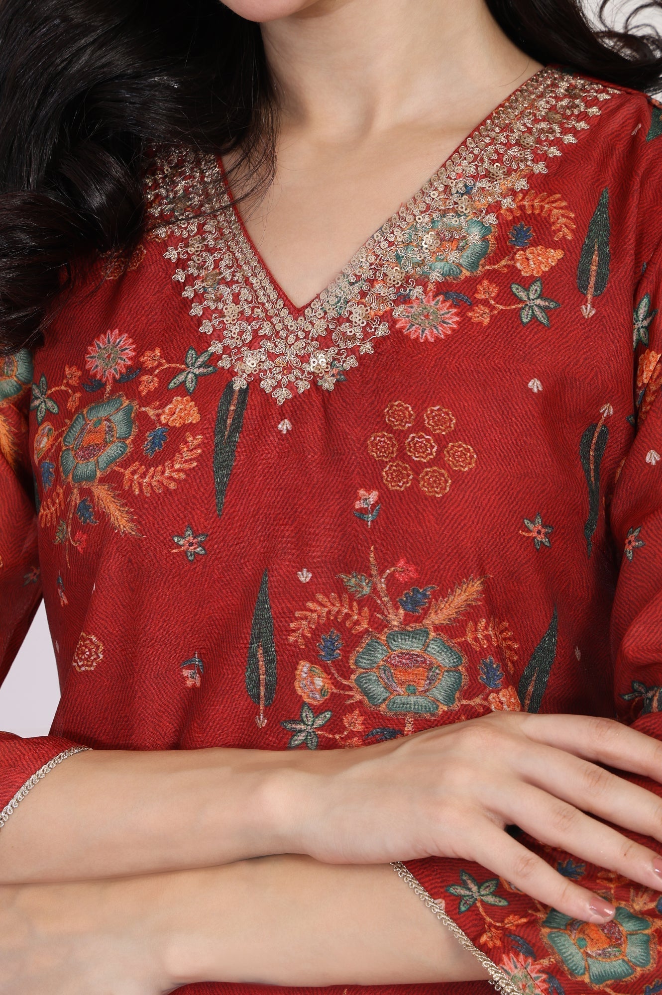 W for Woman Red Floral Printed Sequined Straight Kurta | Grocsy