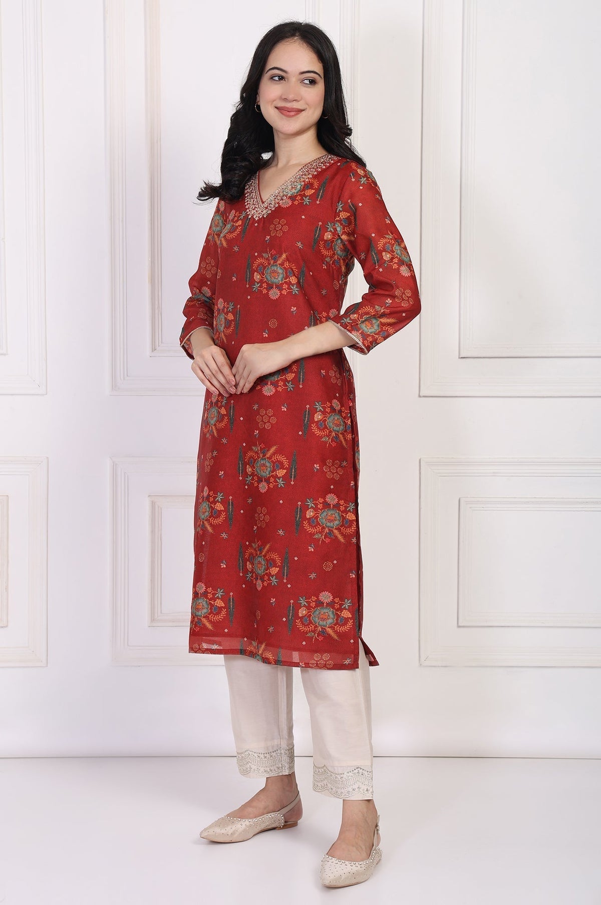 W for Woman Red Floral Printed Sequined Straight Kurta | Grocsy