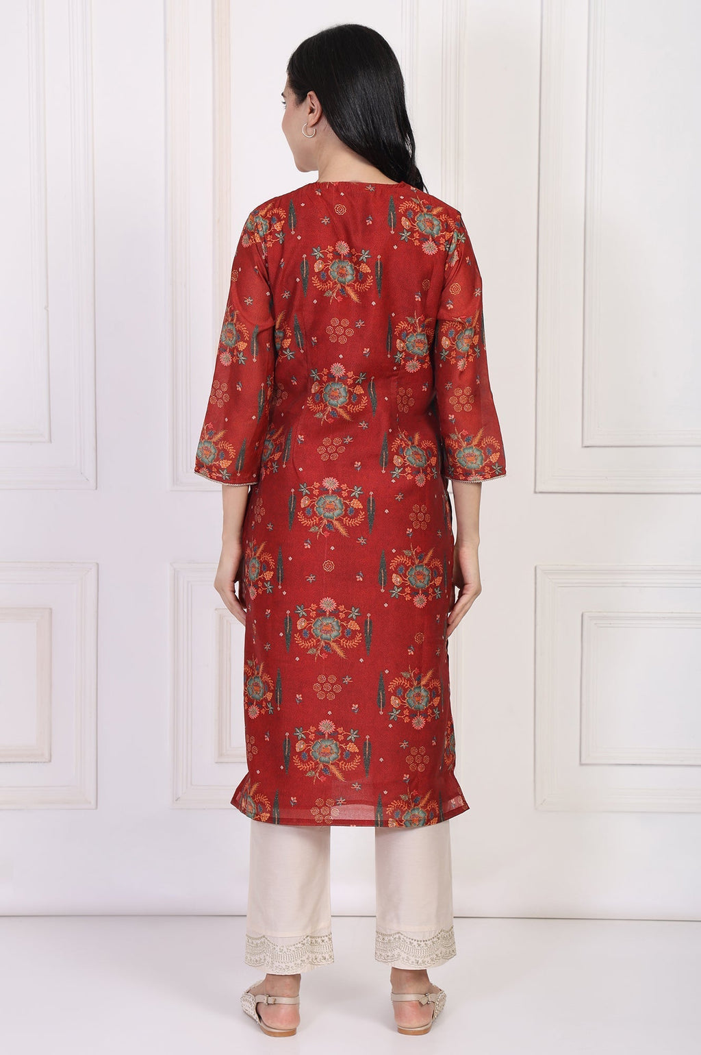 W for Woman Red Floral Printed Sequined Straight Kurta | Grocsy